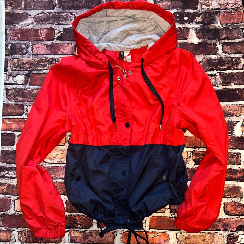 Red and Blue Windbreaker Jacket with Hood and Tie Waist
